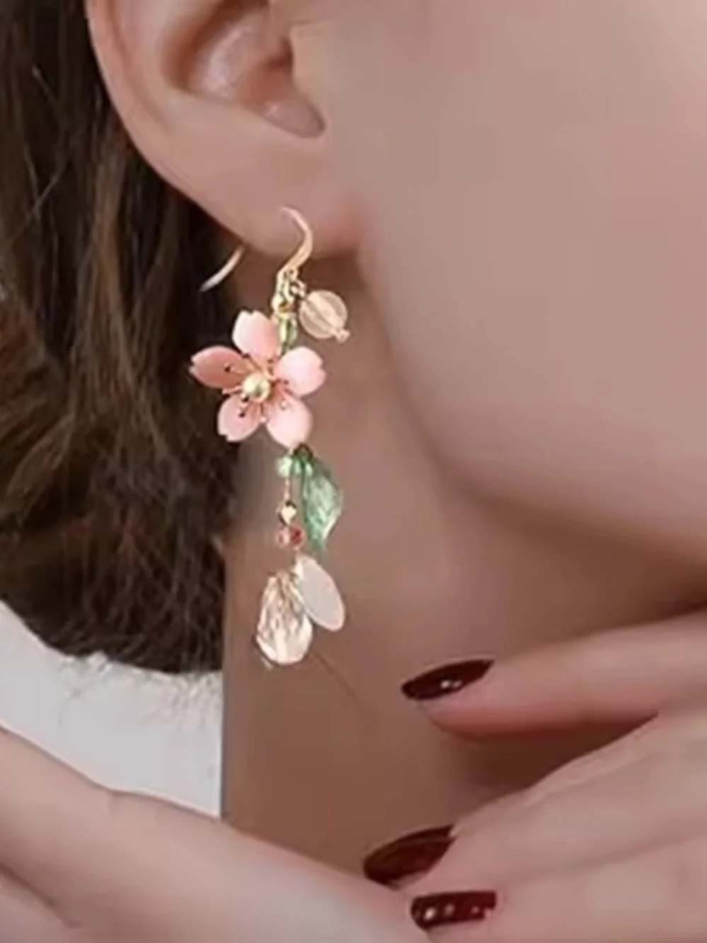 New Pink Floral Dangle Earrings with Green Leaves